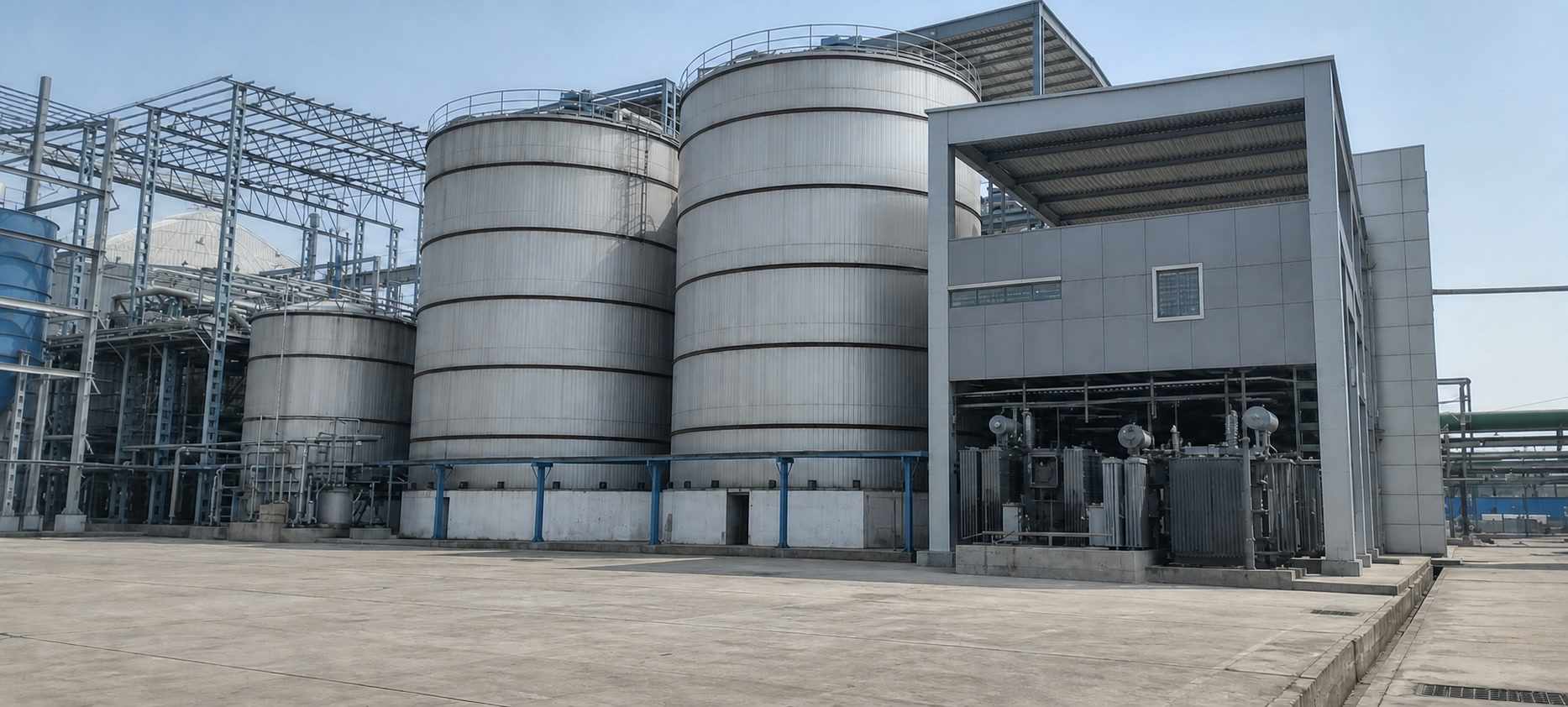 Ethanol storage tanks in the distillery tank farm at Bachai