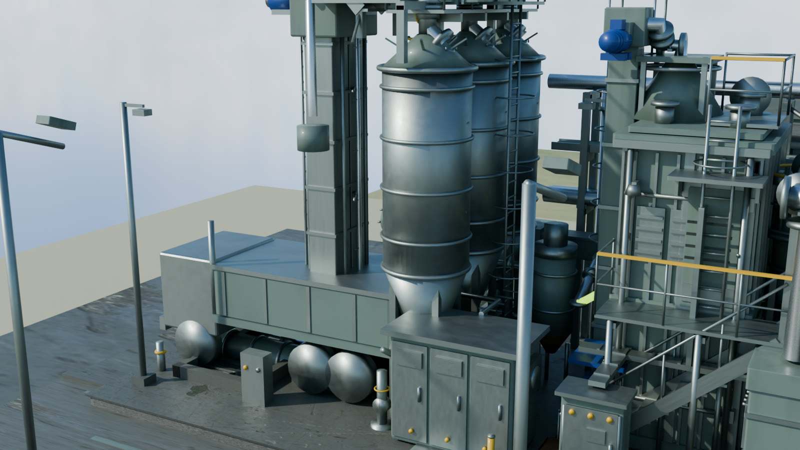Illustration: the grain reception pit, bucket elevator and three storage silos.