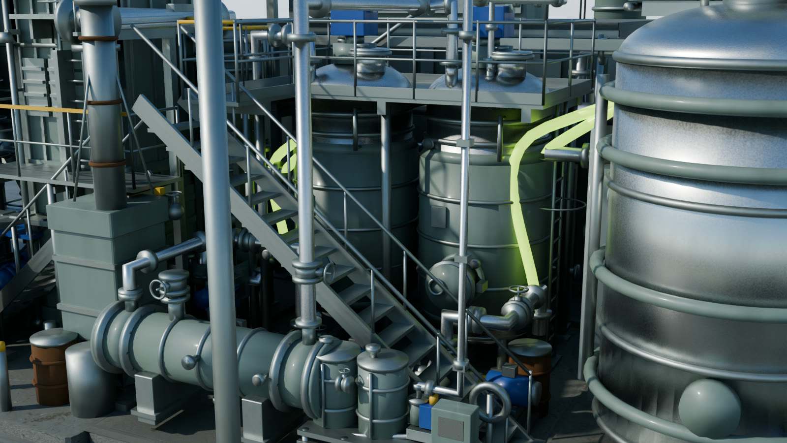 Illustration: two jacketed, agitated liquefaction tanks with their shared platform and stair.