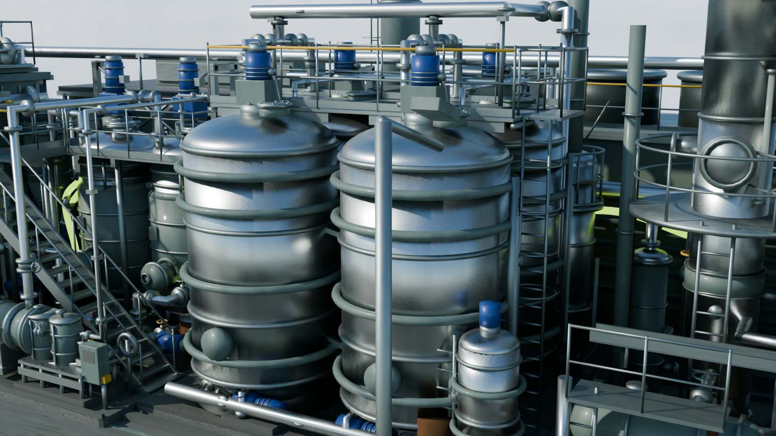 Illustration: four stainless-steel fermenters with cooling coils under a top walkway.