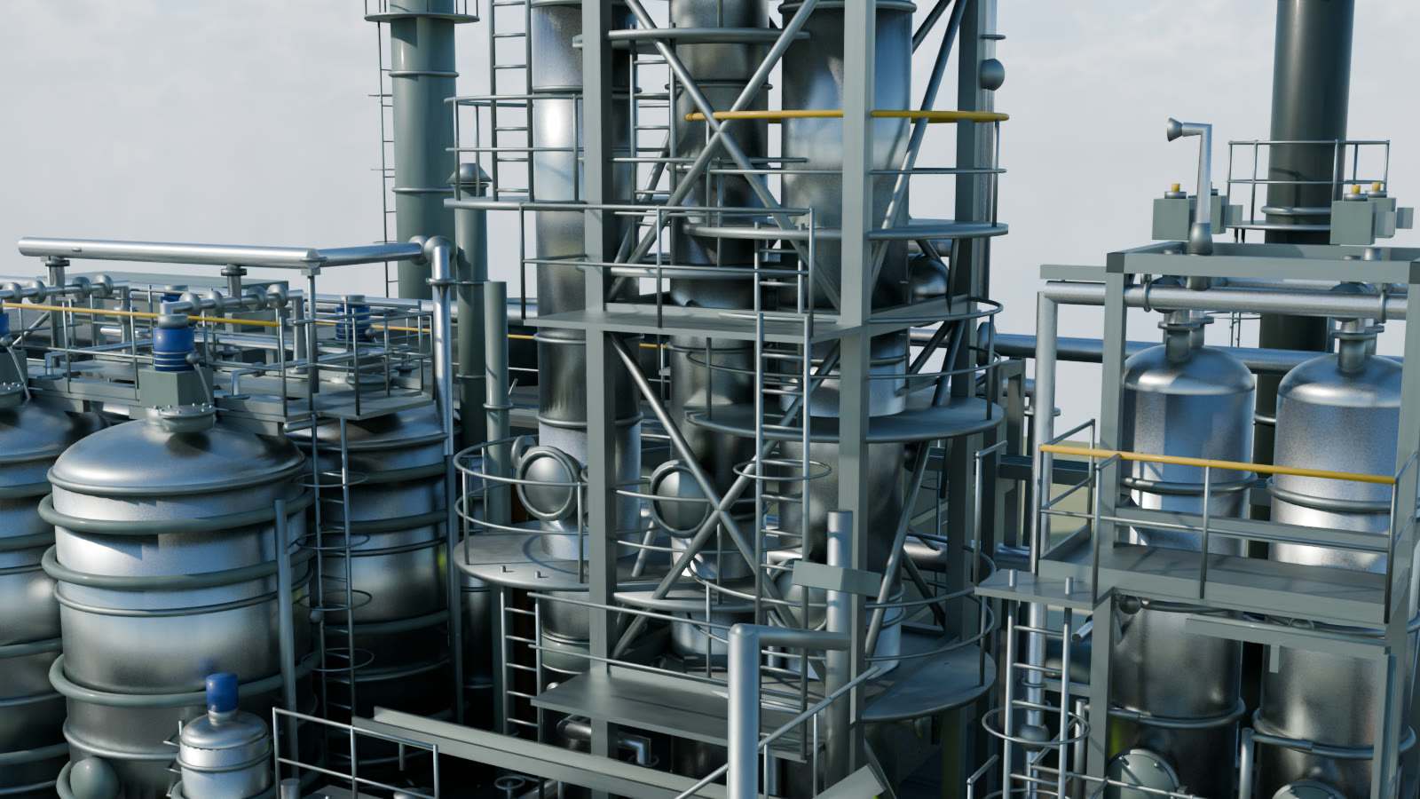 Illustration: three distillation columns inside a braced steel tower, with the reboiler and condenser drums.
