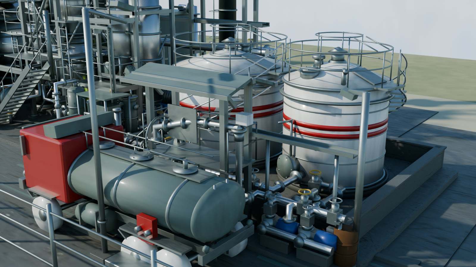 Illustration: the bunded storage tanks with red bands, the loading gantry and a road tanker.